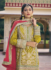 Blooming Chinnon Salwar Suit in Yellow-Mehendi
